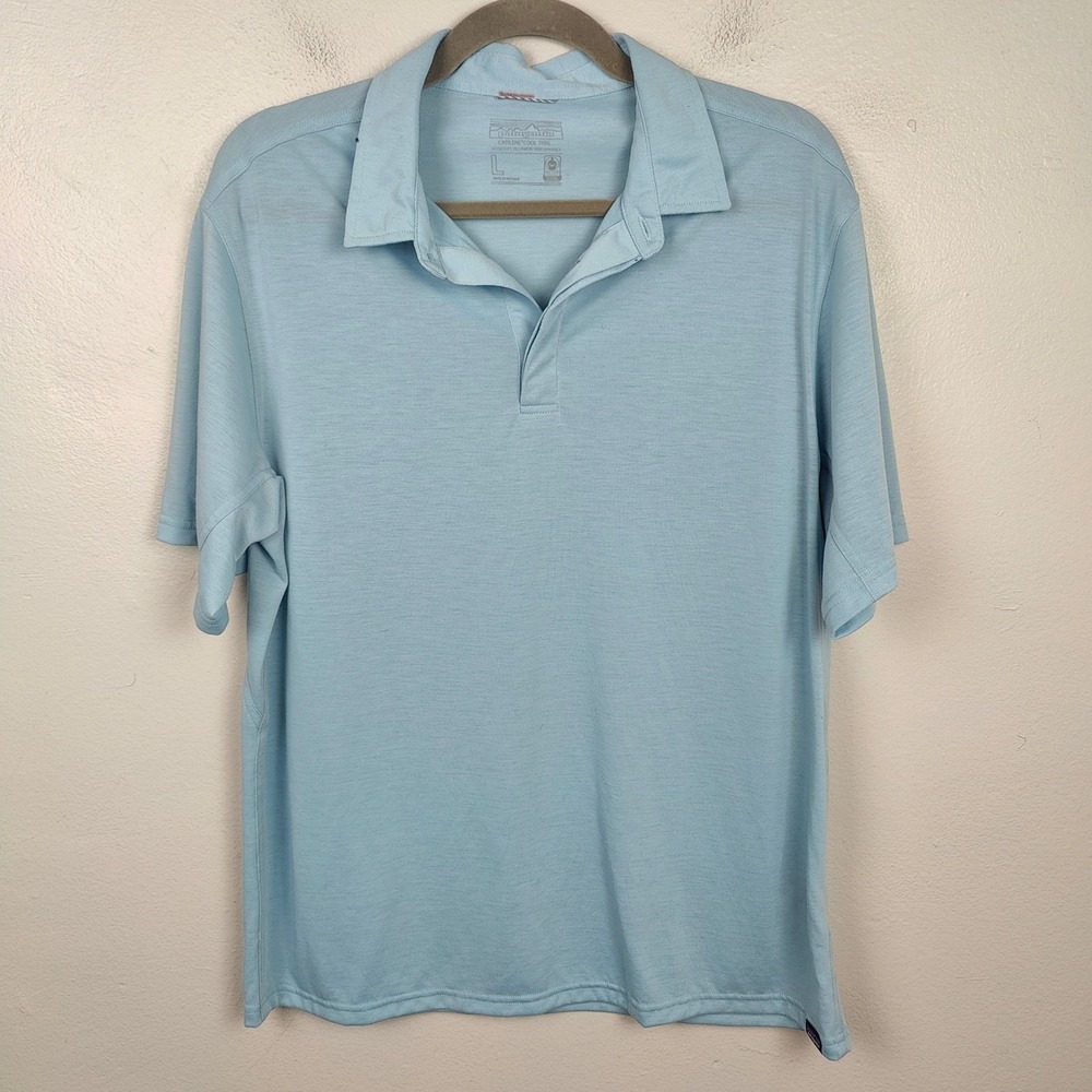 Patagonia Capilene Cool Trail Polo Shirt Mens Large Light Blue Technical Outdoor - Picture 2 of 9